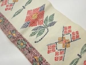 手織り紬抽象草花模様織出し名古屋帯